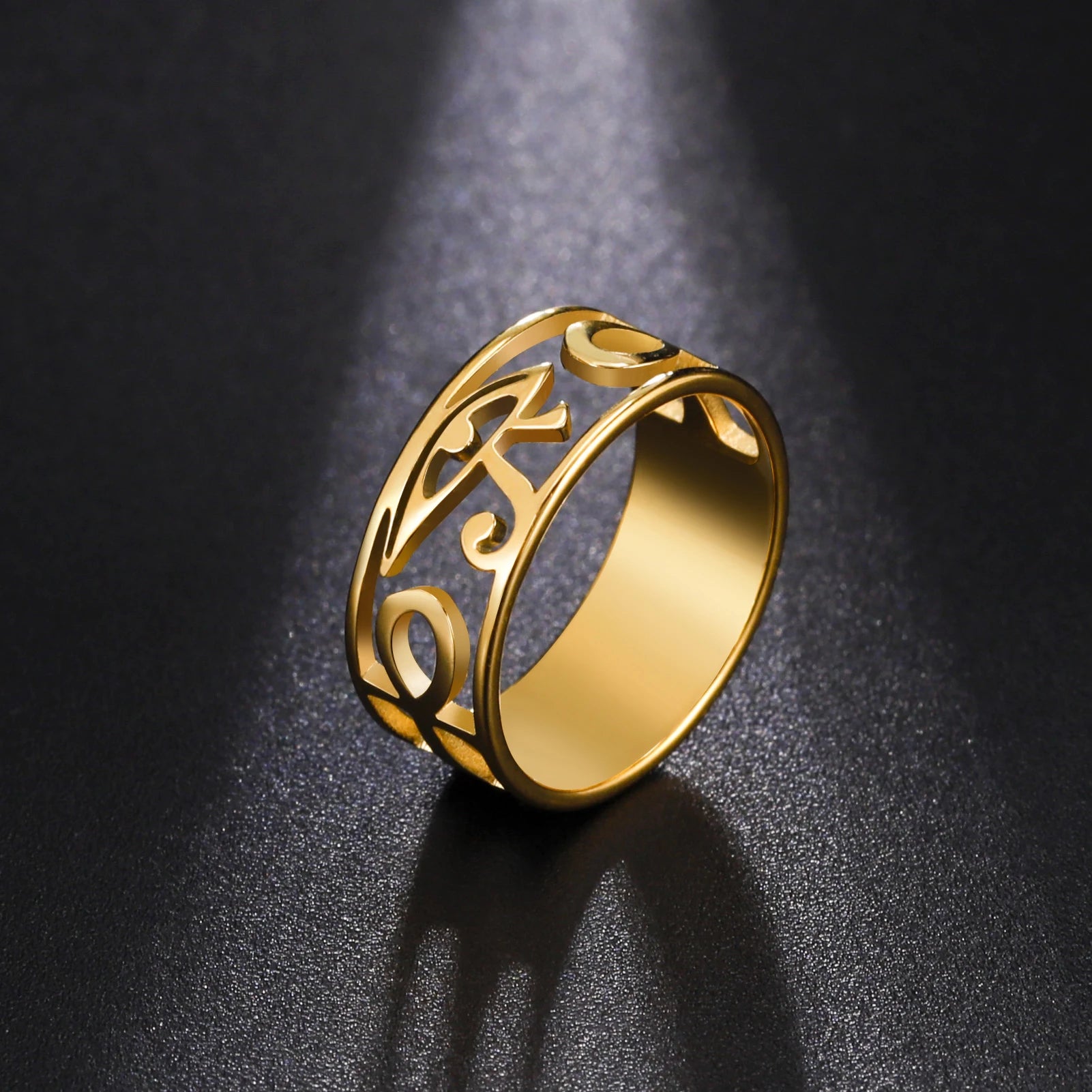 LIKGREAT Ancient Egypt Eye Of Horus Ring Stainless Steel Hollow Ra Udjat Finger Rings Accessories Ankh Cross For Women Men Gifts