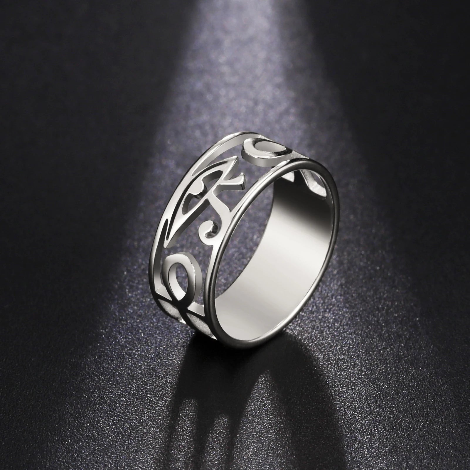 LIKGREAT Ancient Egypt Eye Of Horus Ring Stainless Steel Hollow Ra Udjat Finger Rings Accessories Ankh Cross For Women Men Gifts