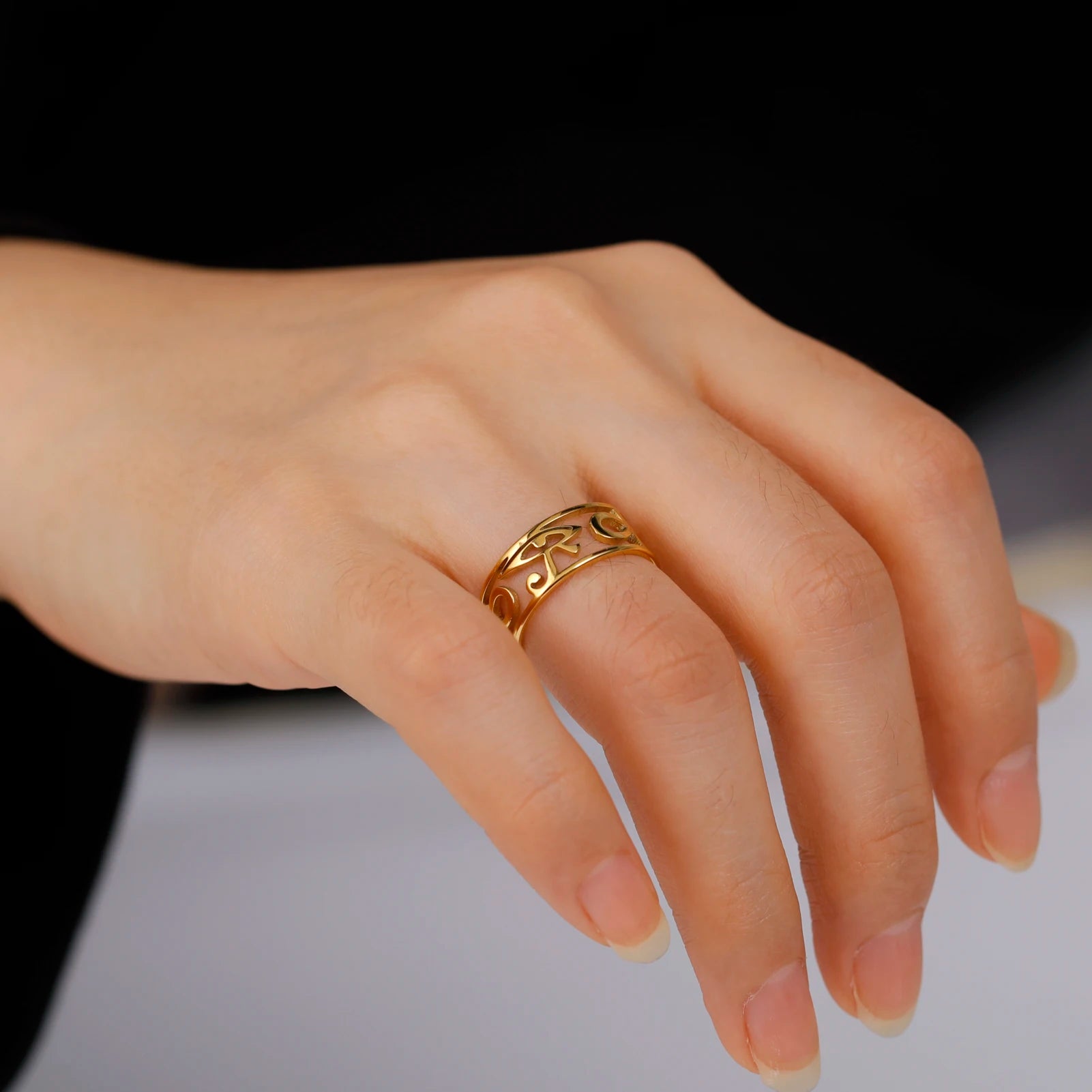 LIKGREAT Ancient Egypt Eye Of Horus Ring Stainless Steel Hollow Ra Udjat Finger Rings Accessories Ankh Cross For Women Men Gifts
